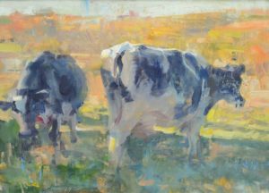 Pasture by painter Quang Ho. Two cows grazing grass