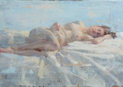 Sideways is a contemporary figure painting by Adrienne Stein. A soft colored painting of a naked female figure on folded material.