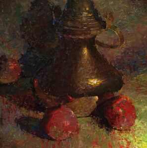 Still life painting brass pot with pomegranates by artist C.W. Mundy