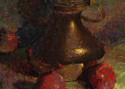 Still life painting brass pot with pomegranates by artist C.W. Mundy